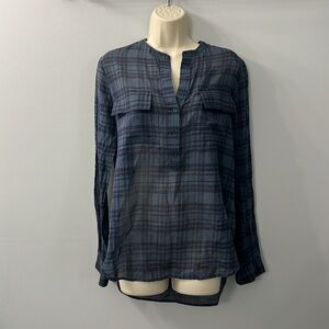 Vince Blue Cotton Lightweight Semi Sheer Plaid V Neck Button Front Blouse Small